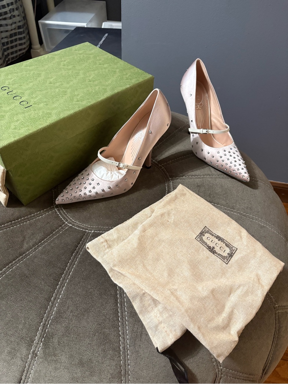 Gucci Blush Pink Studded Pointed Mary Jane Pumps